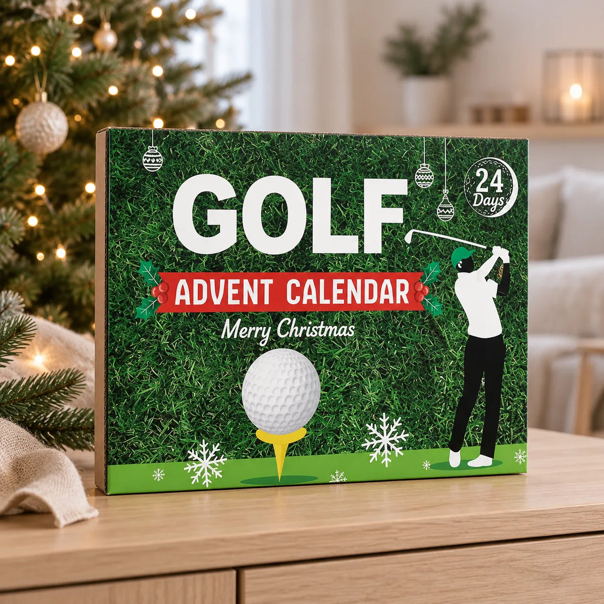 Golfkalendern står på en skänk i nordisk stil med julgran i bakgrunden