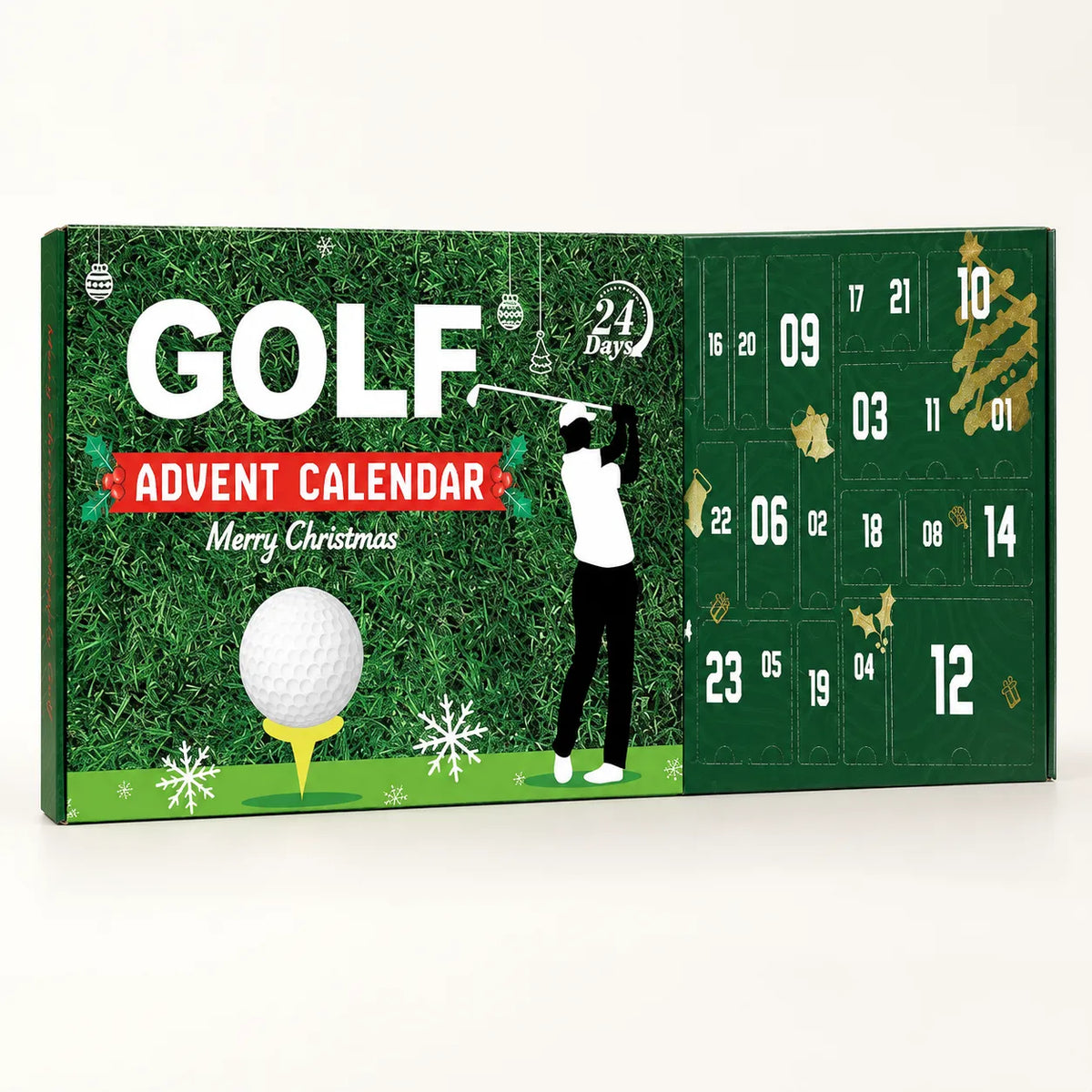 Grön golf adventskalender med golfspelare på framsidan och numrerade luckor 1–24 på insidan