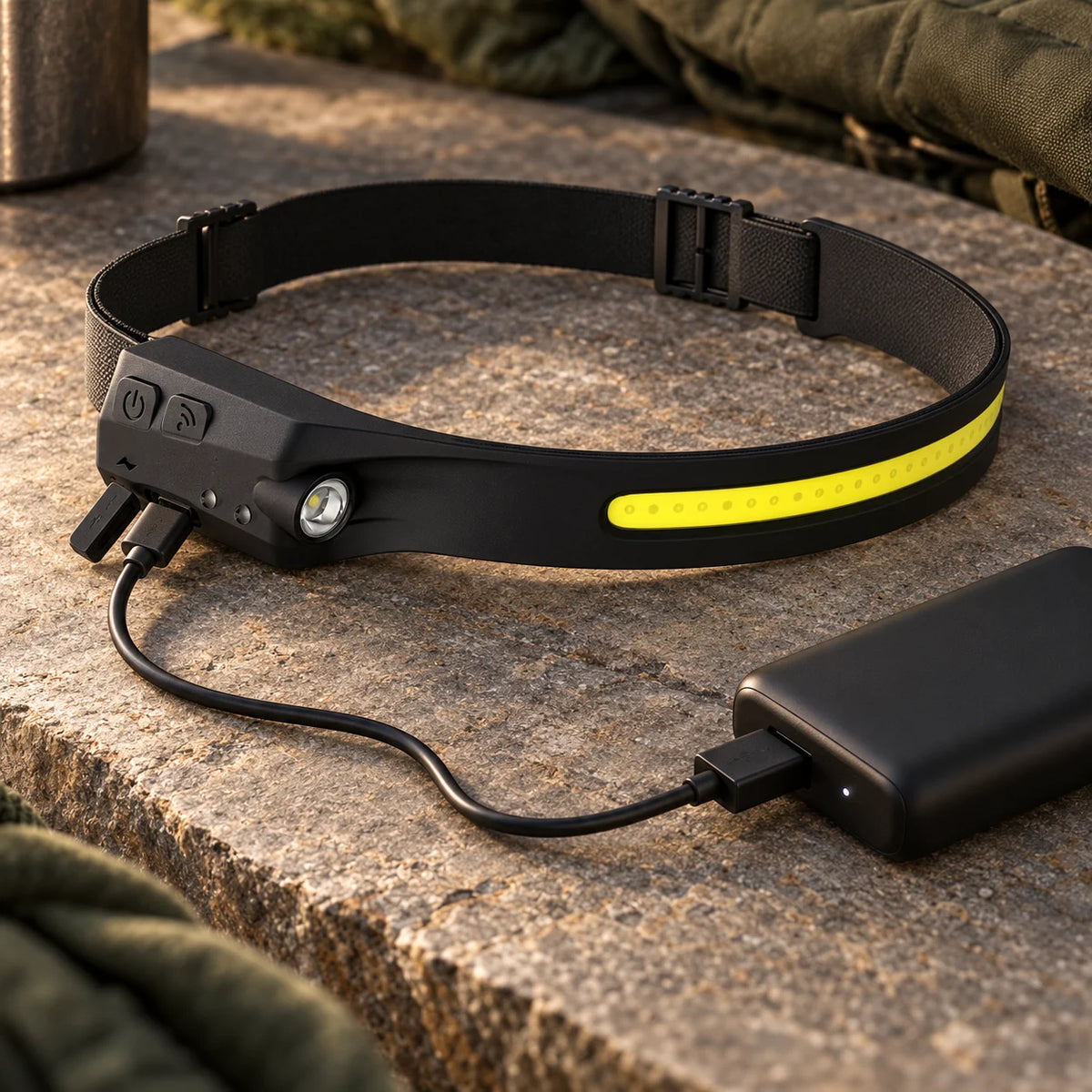 Pannlampan laddas med USB-C-kabel från en powerbank på en stenhäll