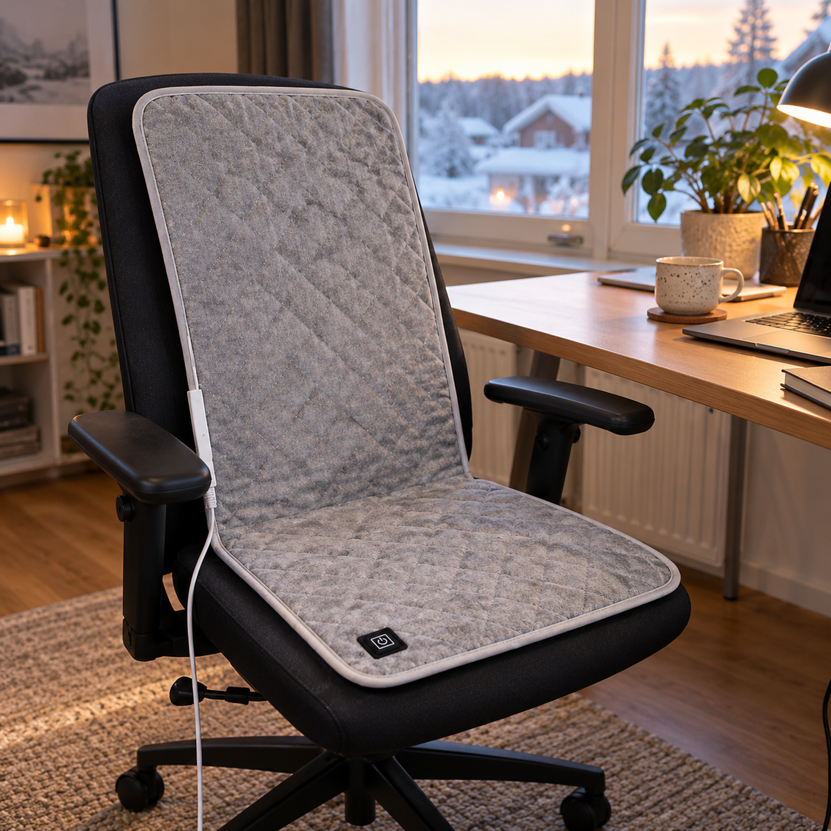 ORVO värmesits på en kontorsstol vid ett fönster med snöigt vinterlandskap