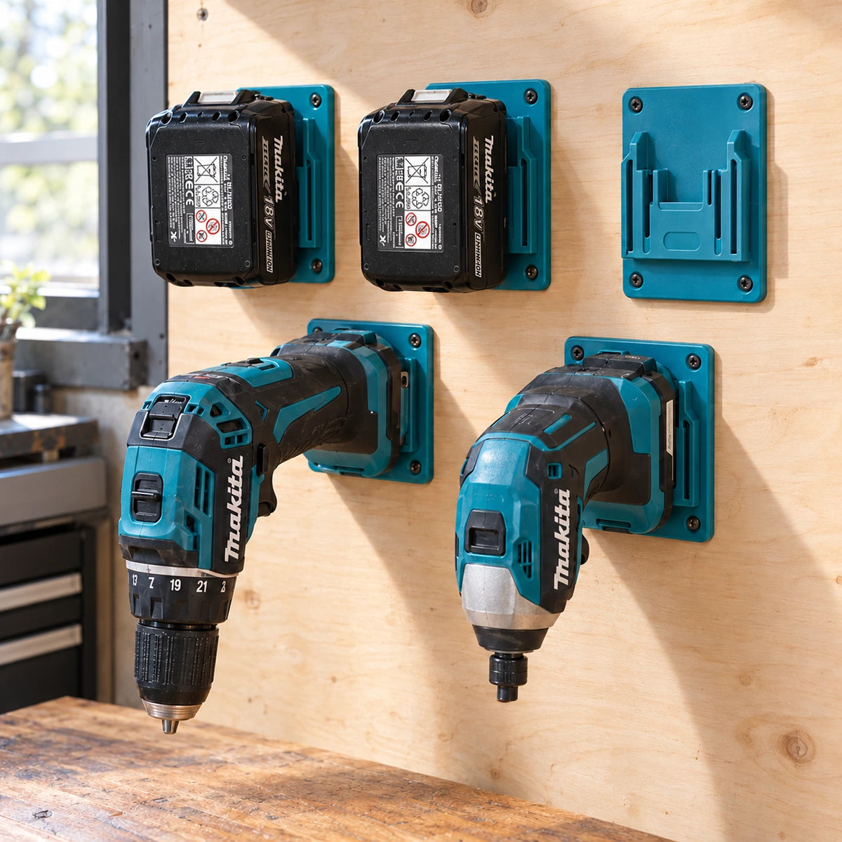 Turkosa hållare på en plywoodvägg med två Makita 18V-batterier, en borrskruvdragare, en slagskruvdragare och en tom hållare