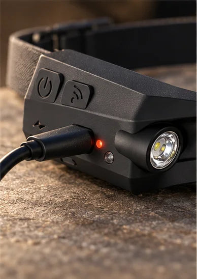 Laddas med USB-C – en röd lampa visar att den laddar
